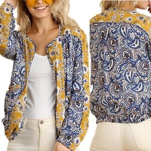 Umgee Boho Paisley Yellow Blue Bomber Jacket Medium Mixed Print
